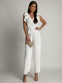 Pleated jumpsuit with ruffles, white AZR1102